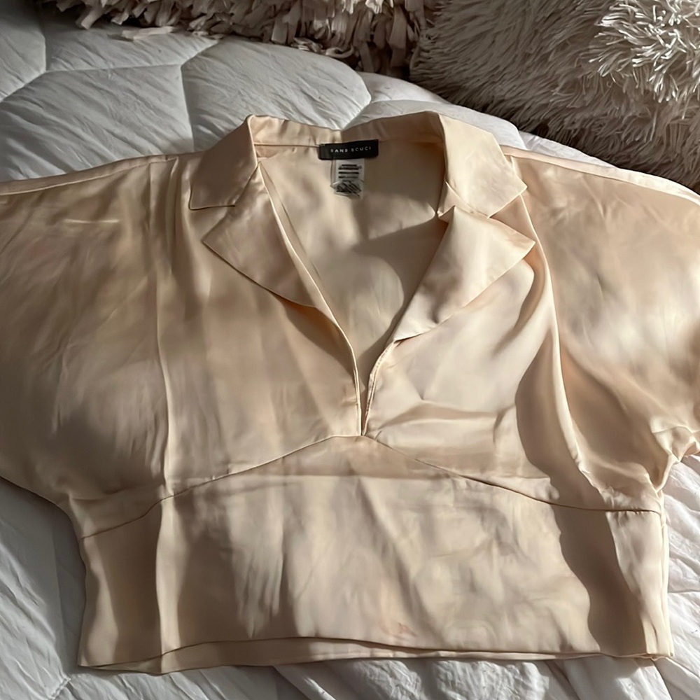 A tan silk top and a short black dress both brand new